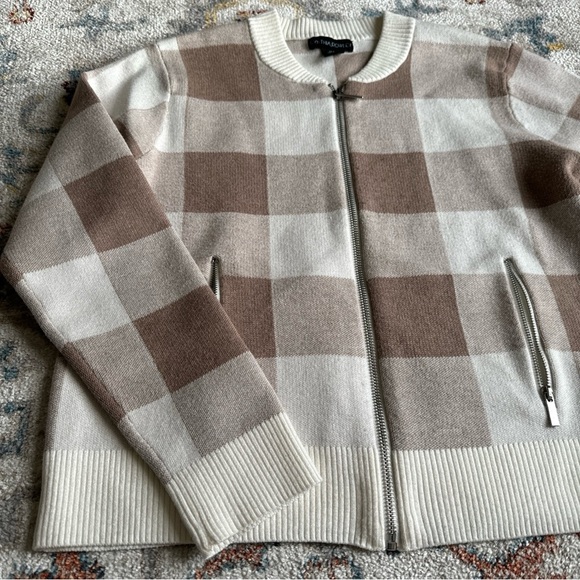 Cynthia Fowler Knit Plaid Jacket Brown And Ivory Full Zip Size Medium - Picture 2 of 8